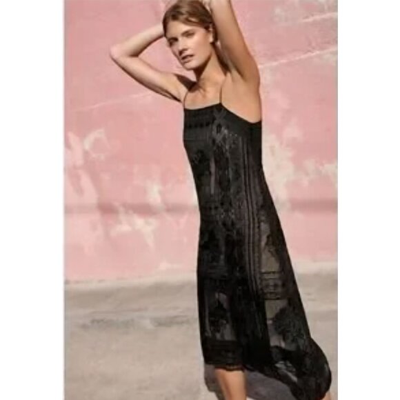Anthropology Black Sheer Embroidered Slip Dress With Spaghetti Straps By Floreat - Picture 1 of 9